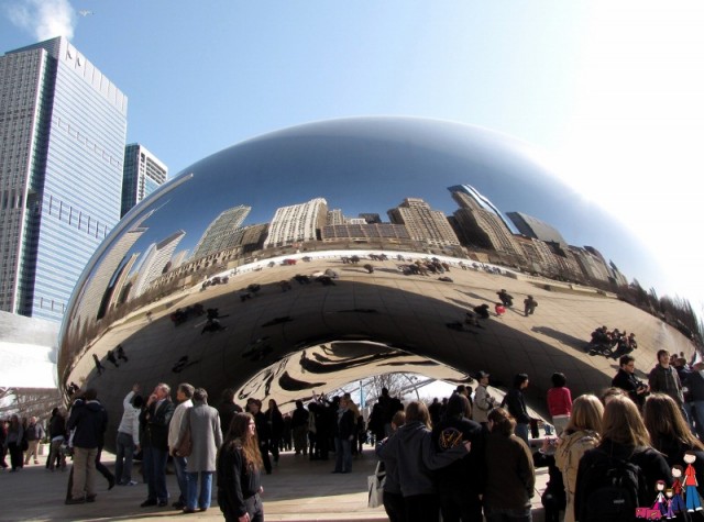 Downtown Chicago reflected in the Cloud Gate Sculpture (aka "the bean")