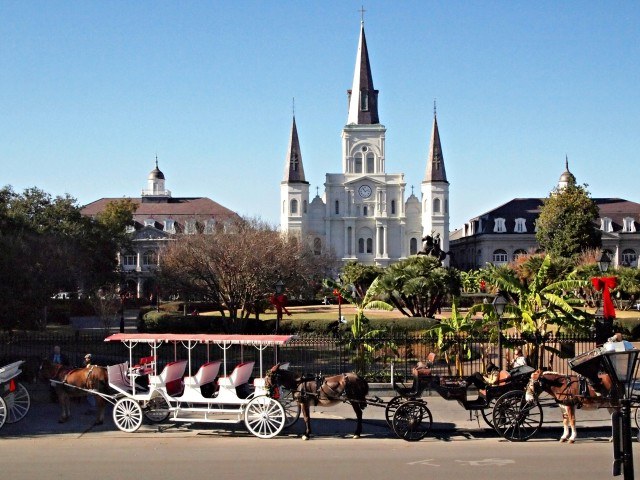 Carriages lined up at Jackson Square in New Orleans. New Orleans Christmas travel tips.